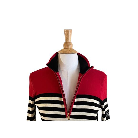 Lauren Ralph Lauren Cotton Red, White Black Stripe 1/4 Zip Sweater, Preppy, M - Picture 3 of 11